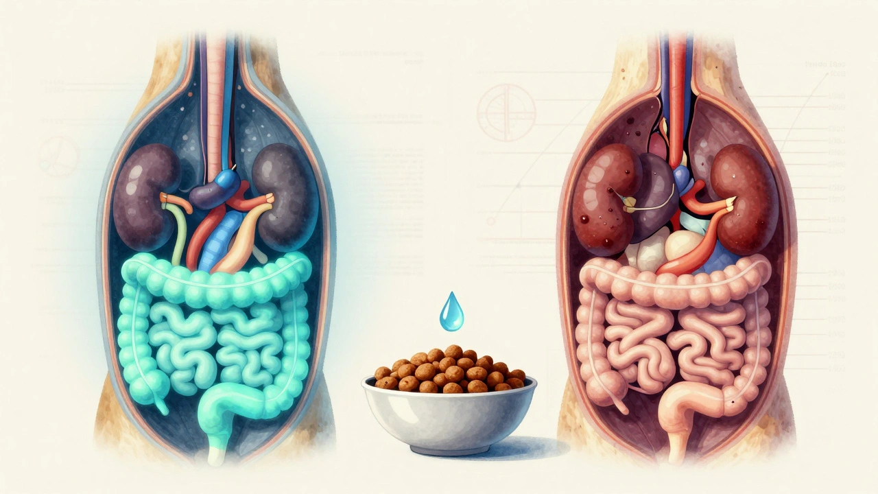 Схематичное изображение внутренних органов собаки: здоровые и поврежденные при разном питании.