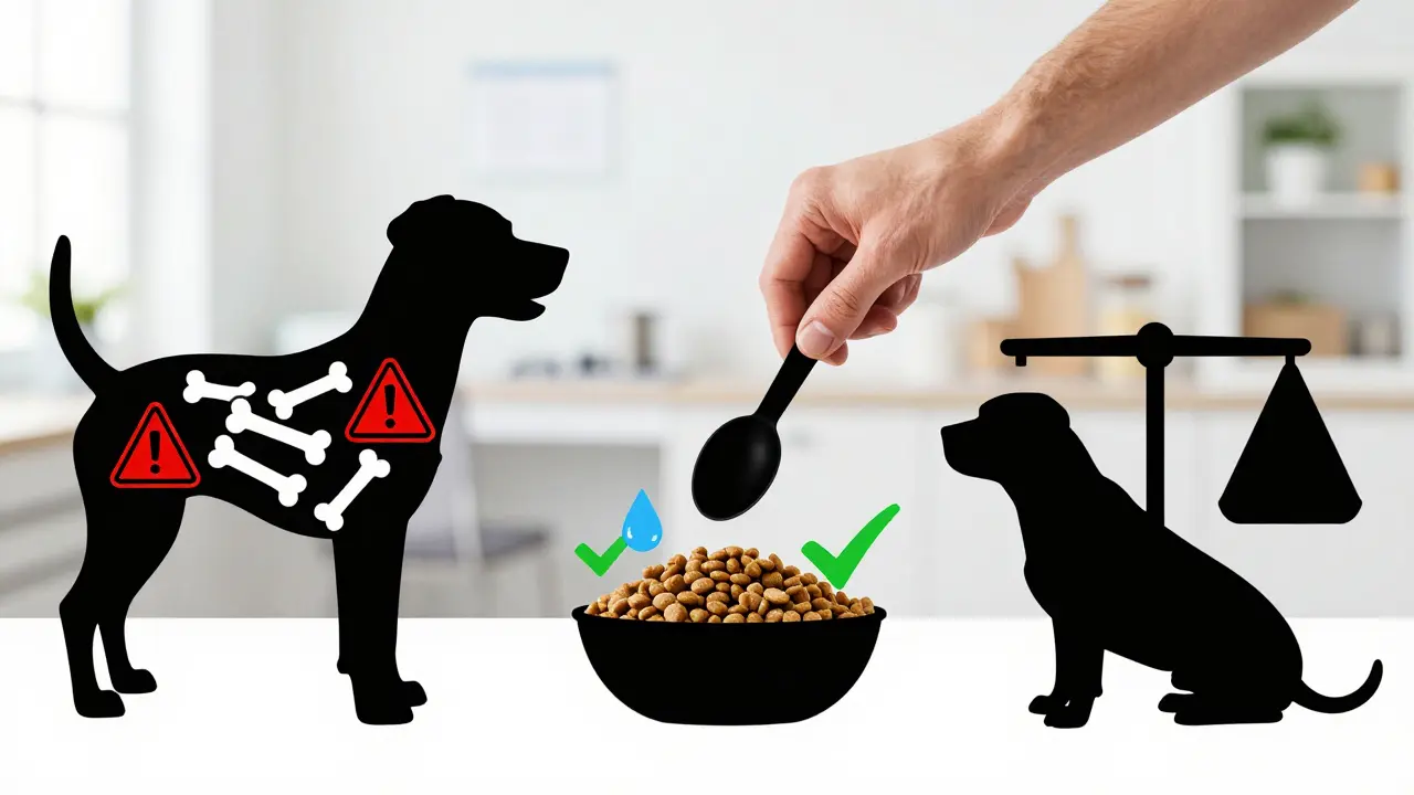 Силуэт собаки с разделёнными типами питания: безопасное, опасное и сбалансированное.