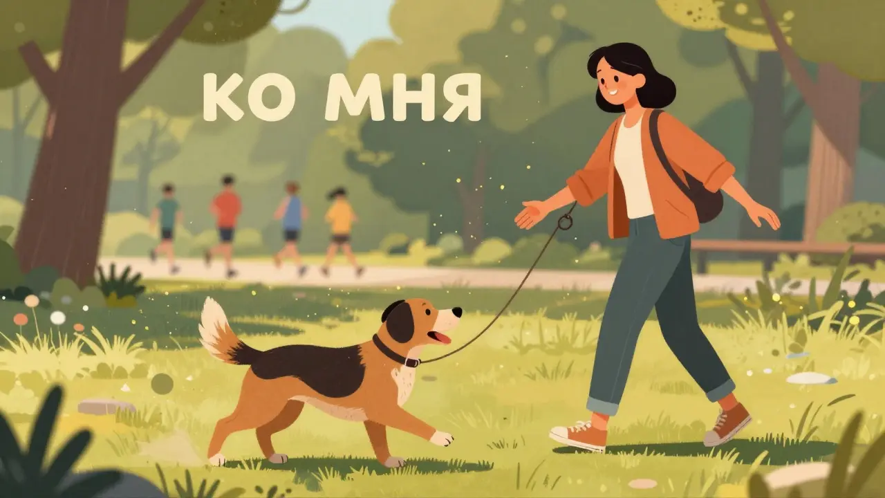 Собака бежит к владельцу в парке, хвост вверху, вокруг — солнечный свет и деревья.