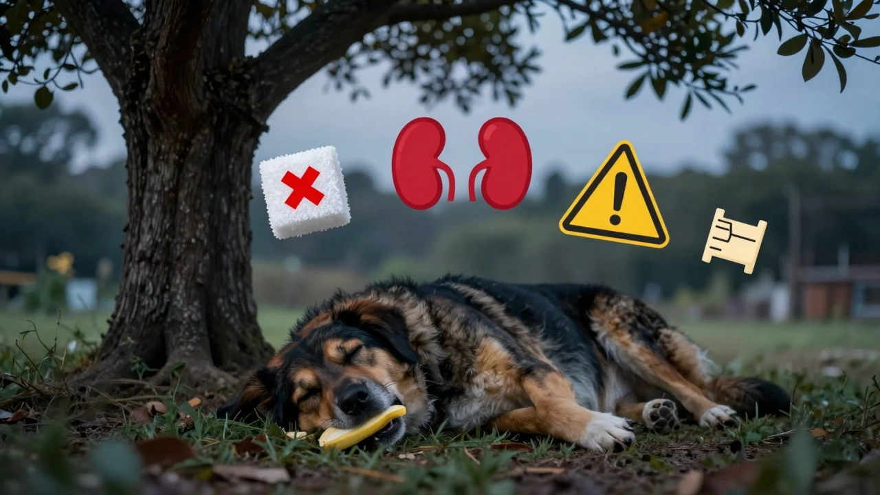 Собака ест кусочек банана, вокруг нее — символы рисков: сахар, почки, непроходимость.