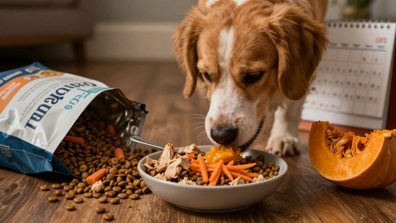 Собака ест смешанный рацион с курицей, морковью и тыквой, символизируя разнообразие.
