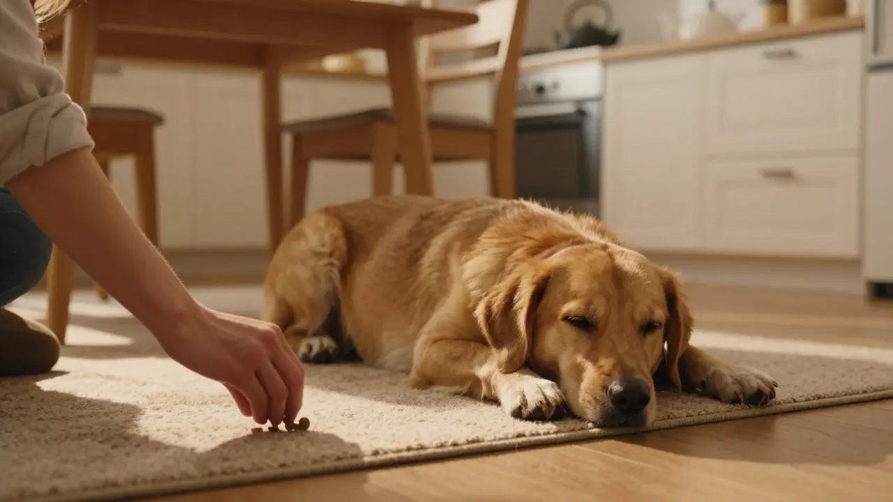 Собака лежит на коврике у стола, владелец мягко подводит лакомство к полу.