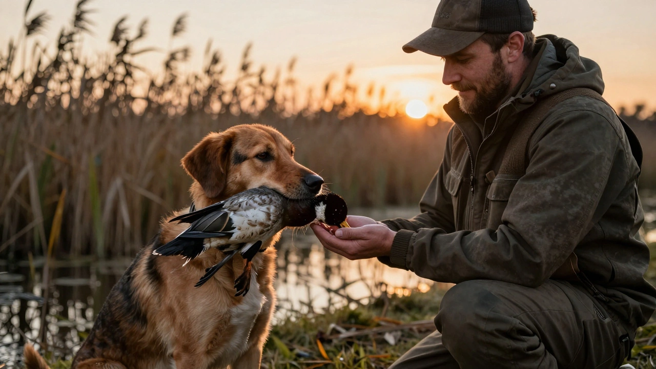 Собака несёт утку хозяину, который kneeling предлагает награду на закате.