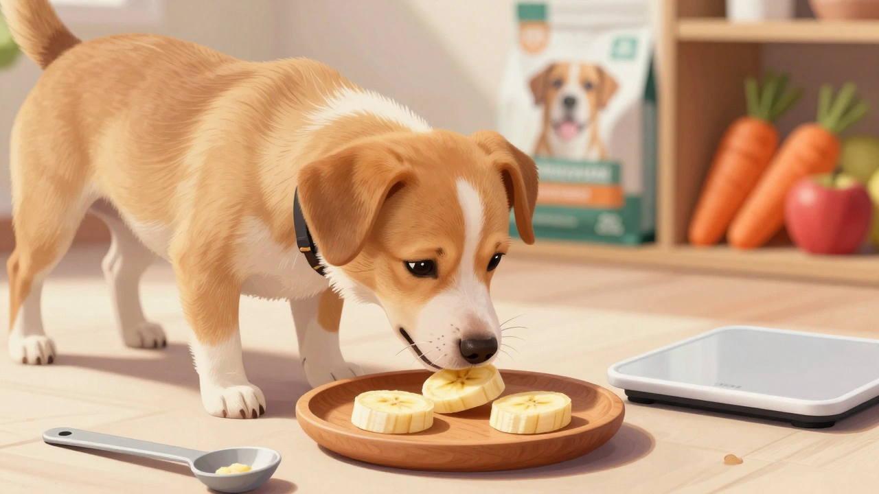 Собака обнюхивает три кусочка банана на тарелке с мерной ложкой рядом.