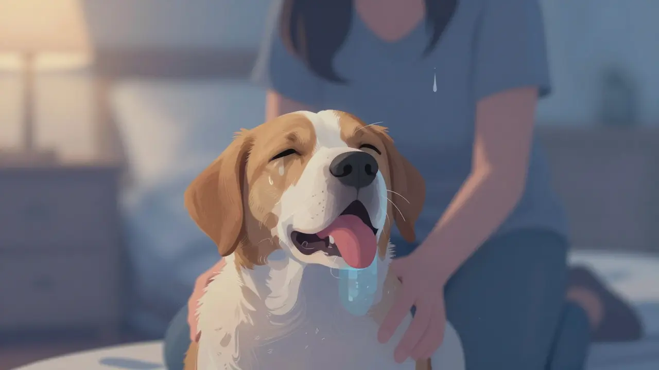 Собака с синеватыми дёснами, её грудь поднимается редкими, неравномерными вздохами, хозяин держит её за лапу.