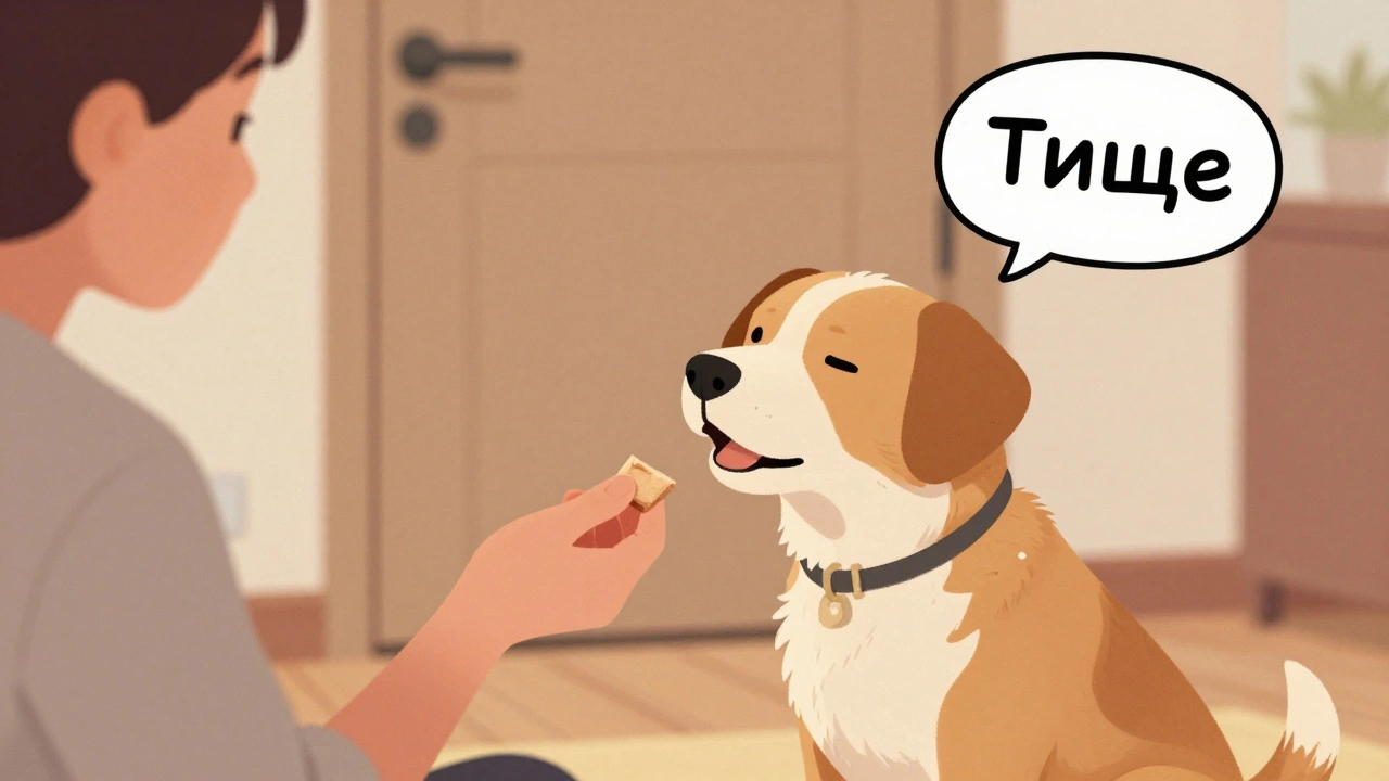 Собака спокойно сидит рядом с хозяином, получая лакомство за молчание, на фоне приглушенного звонка.