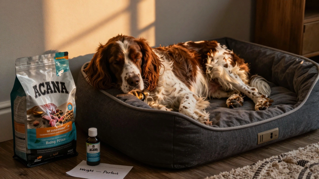 Спаниель отдыхает в уютной обстановке с качественным кормом и рыбьим жиром, подчеркивающий правильное питание.