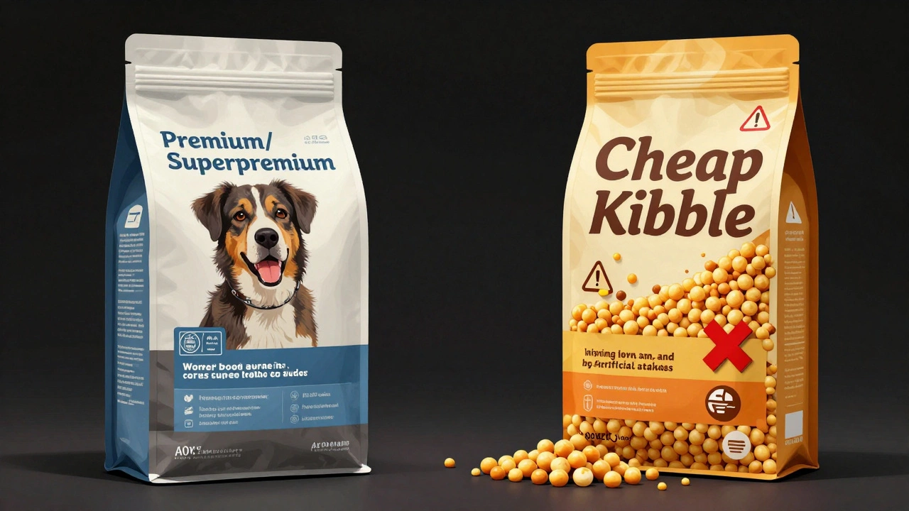 Сравнение дорогого и дешевого сухого корма для собак с видимыми ингредиентами.