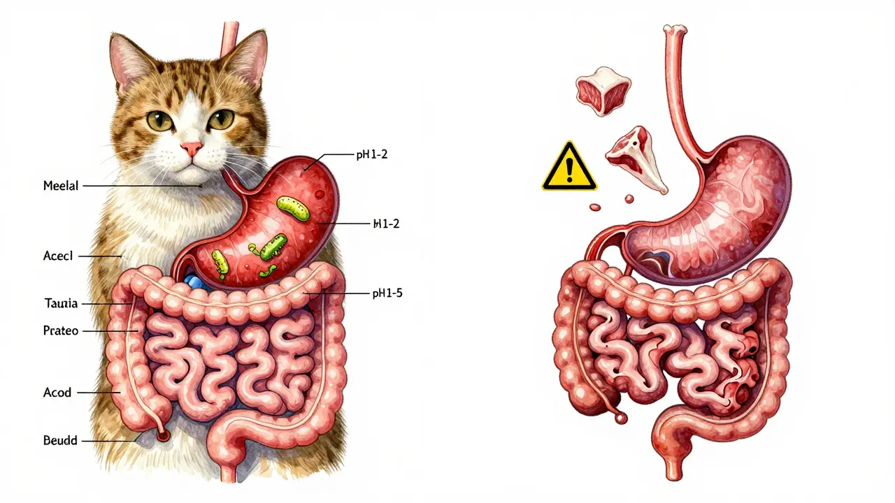 Сравнение пищеварительных систем кошки и человека с акцентом на кислотность желудка.
