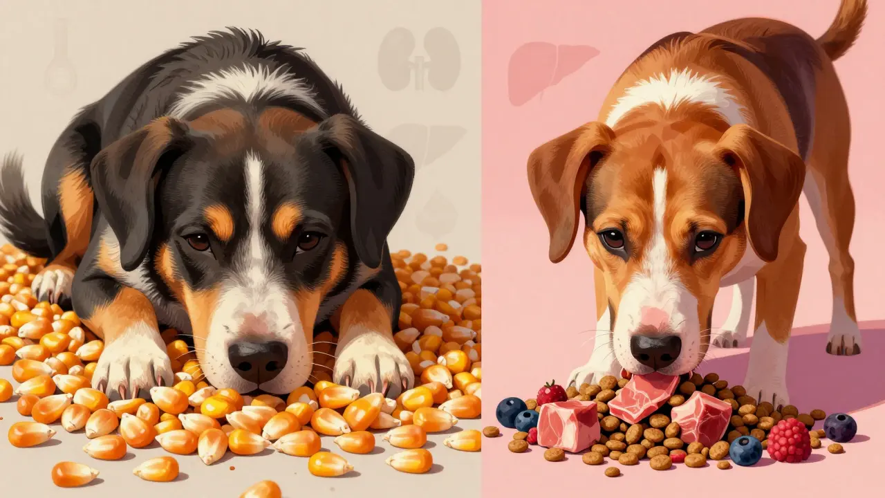 Сравнение: слева — вялая собака с кукурузой, справа — активная собака с натуральным кормом.