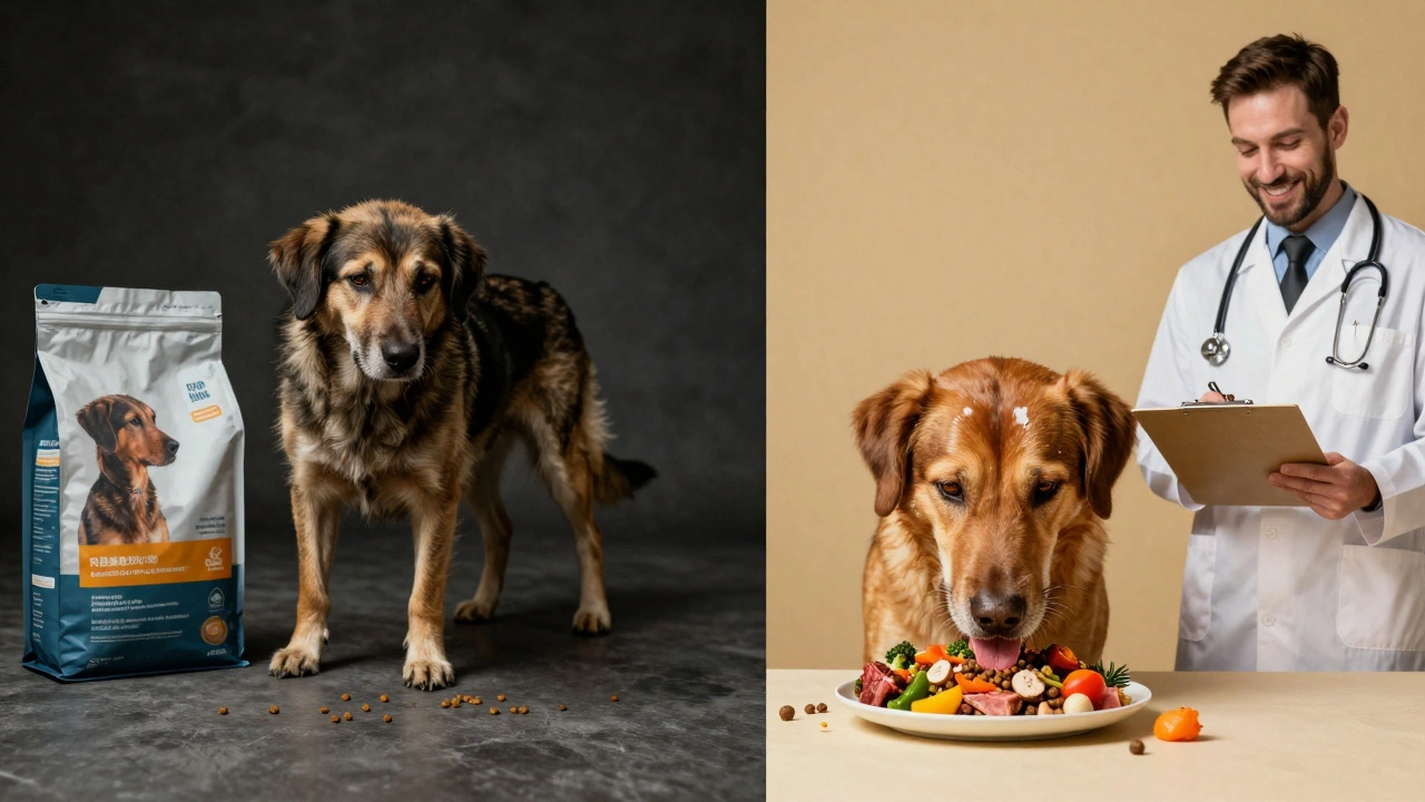 Сравнение: собака с тусклой шерстью рядом с дешевым кормом и та же собака с блестящей шерстью при правильном питании.