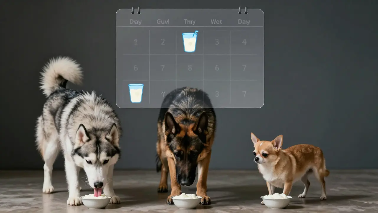 Три собаки разной породы с порциями кефира и календарём с пометками.