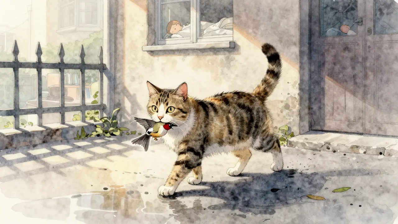 Уличная кошка идет по мокрой улице утром, держа в зубах птицу.