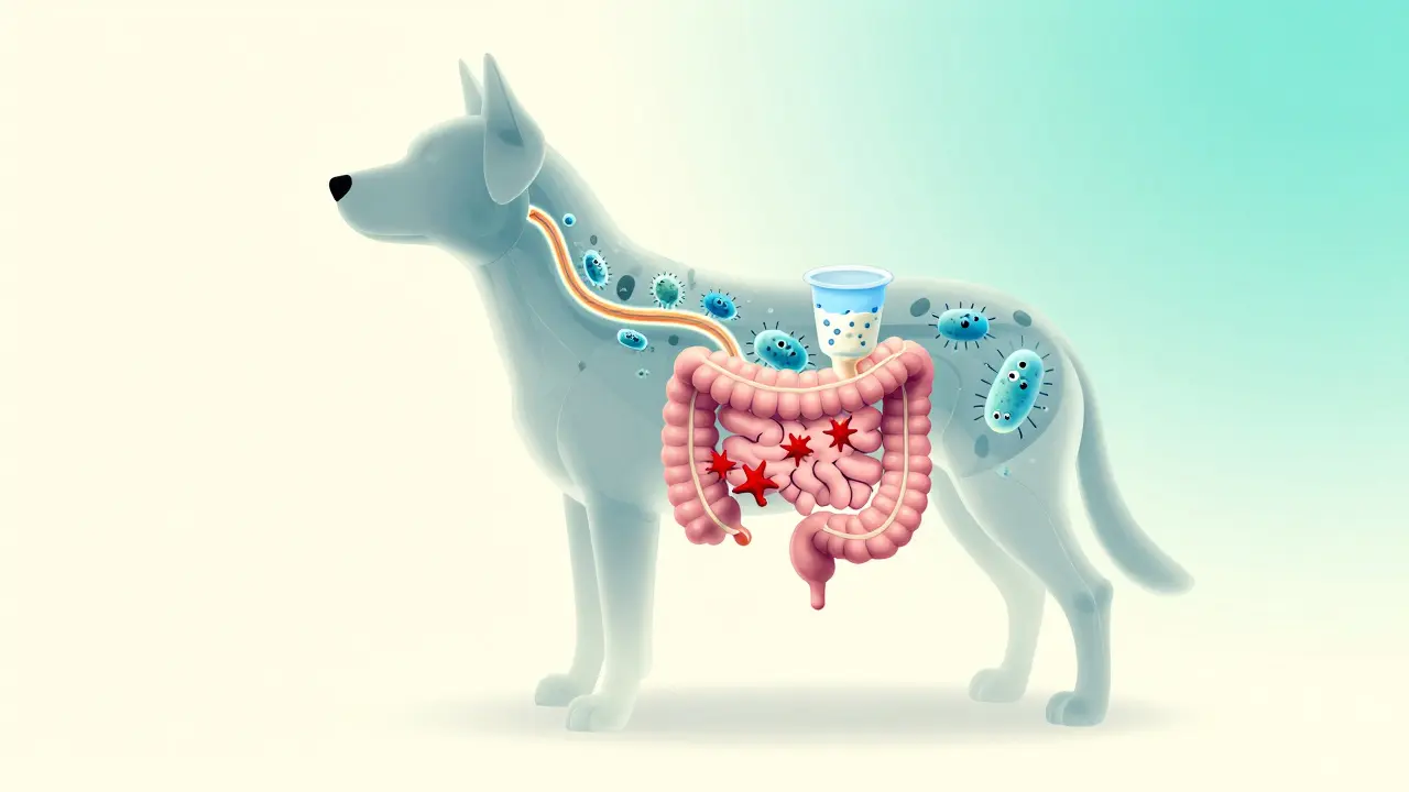 Упрощённая схема пищеварительной системы собаки с полезными бактериями из кефира.