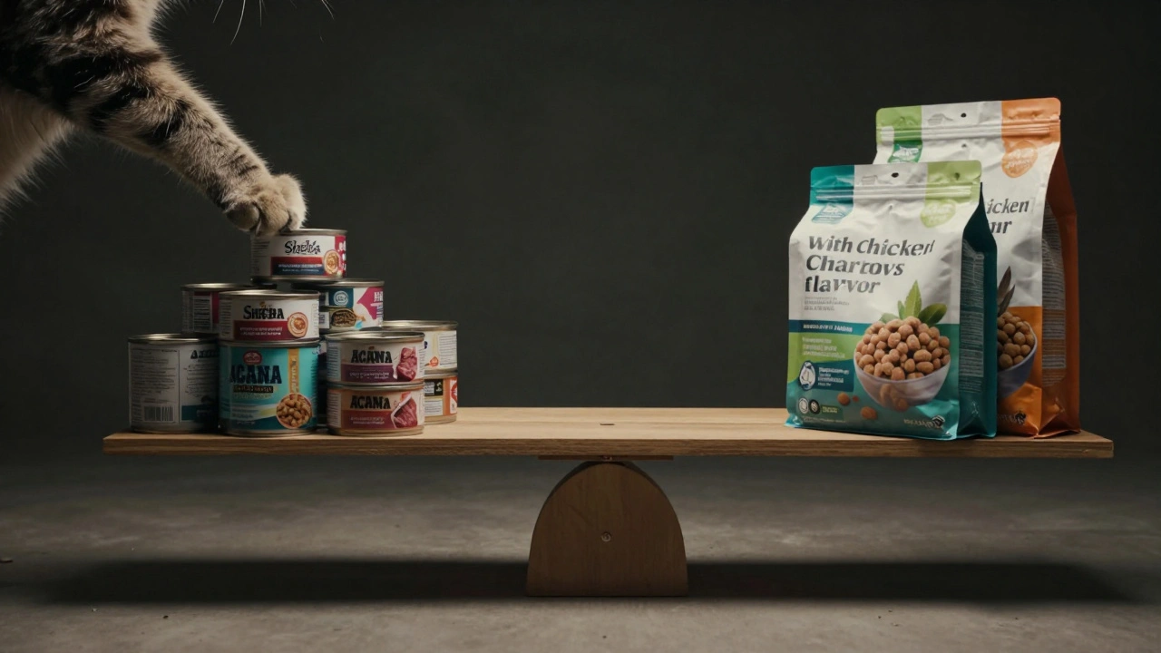 Весы с дорогими банками влажного корма с одной стороны и горой дешевого сухого корма — лапа кошки на здоровой стороне.