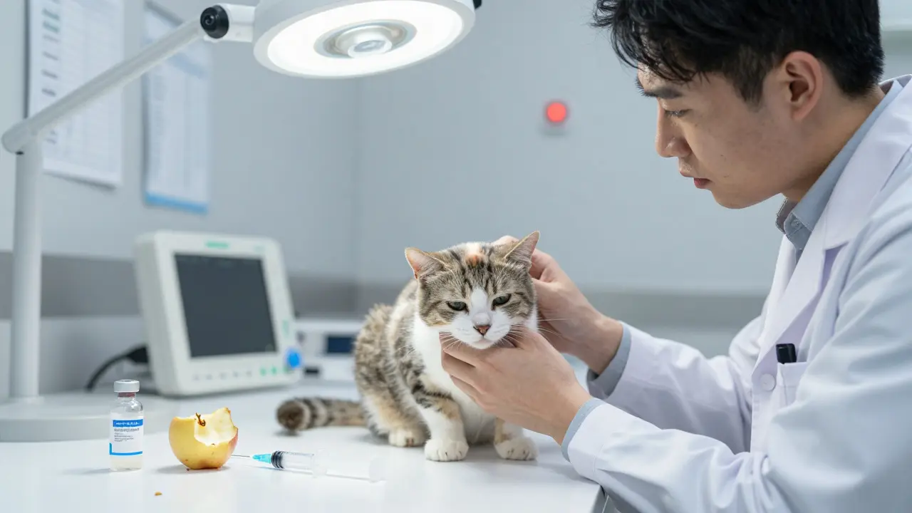 Ветеринар осматривает больную кошку, рядом лежит яблочная косточка.