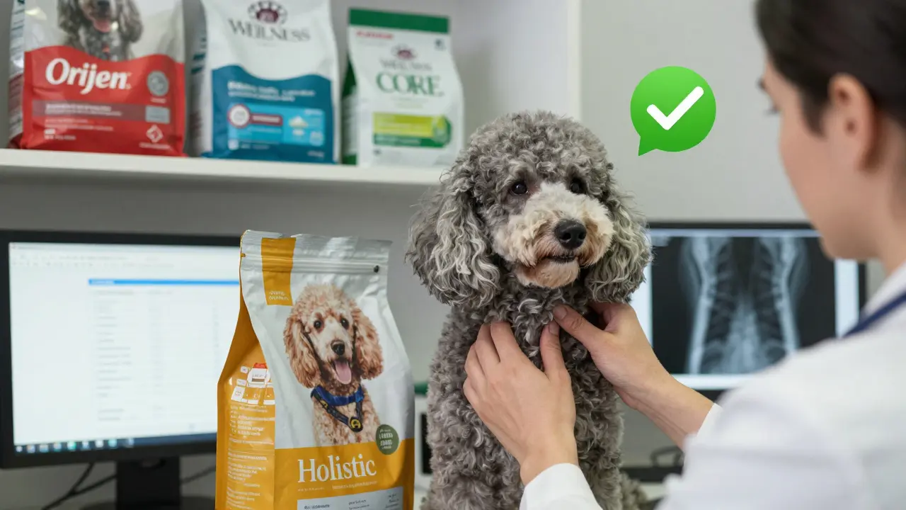 Ветеринар осматривает пуделя, рядом стоят упаковки премиального корма, на фоне — медицинские данные.