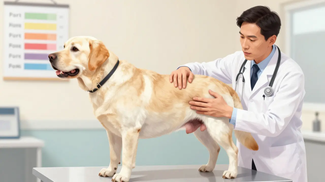 Ветеринар проверяет ребра охотничьей собаки в клинике.