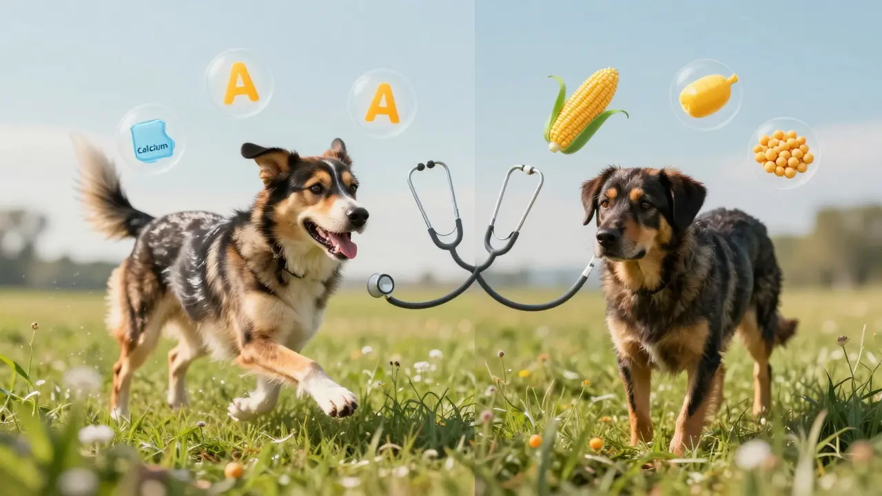 Два состояния собаки: здоровая на траве и больная от неправильного питания.