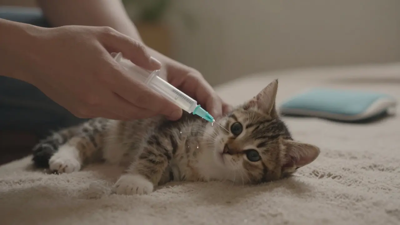 Котёнок кормится из шприца, лежа на тёплом одеяле.