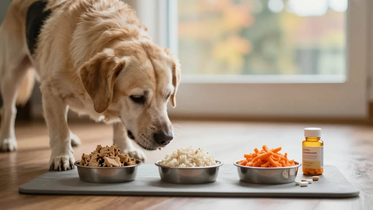 Пожилая собака ест три маленькие порции мягкой еды в течение дня.
