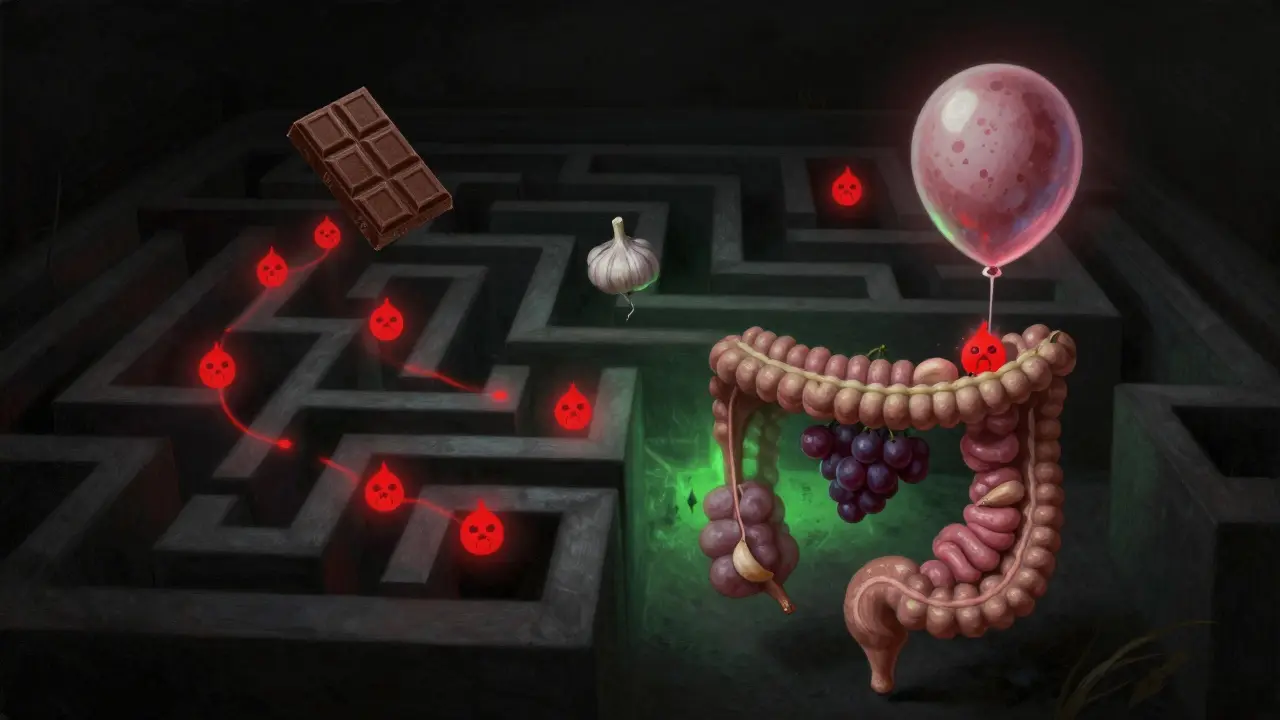 Схематичное изображение пищеварительного тракта собаки с опасными продуктами внутри, светящимися как токсины.