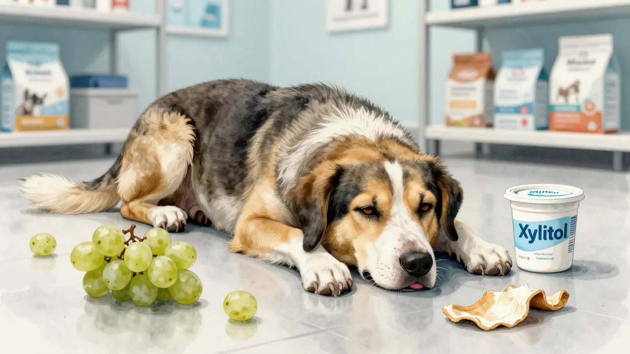 Собака слабо лежит в ветеринарной клинике рядом с остатками винограда и йогурта с ксилитолом.