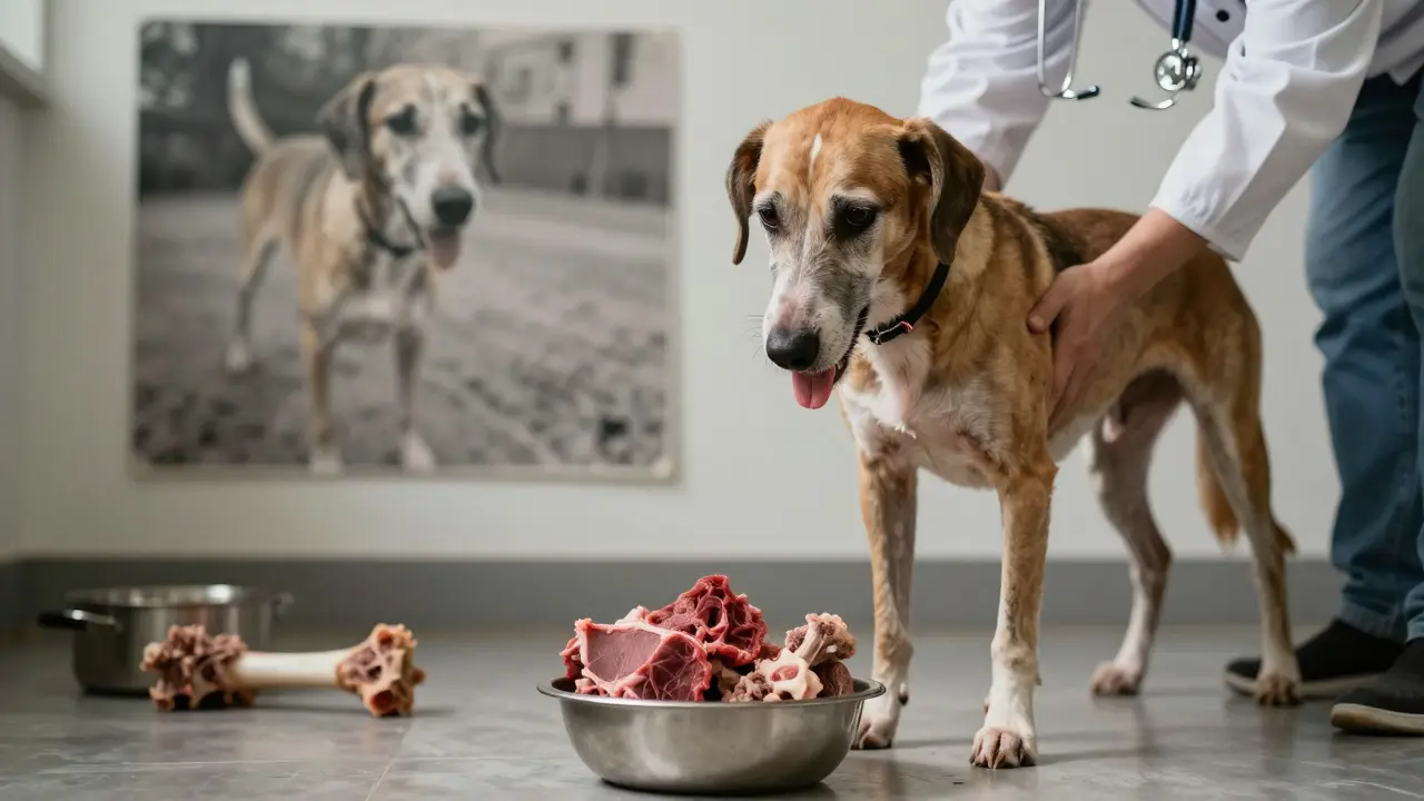 Ветеринар держит больную собаку, на фоне — фото здоровой собаки на сырой диете.