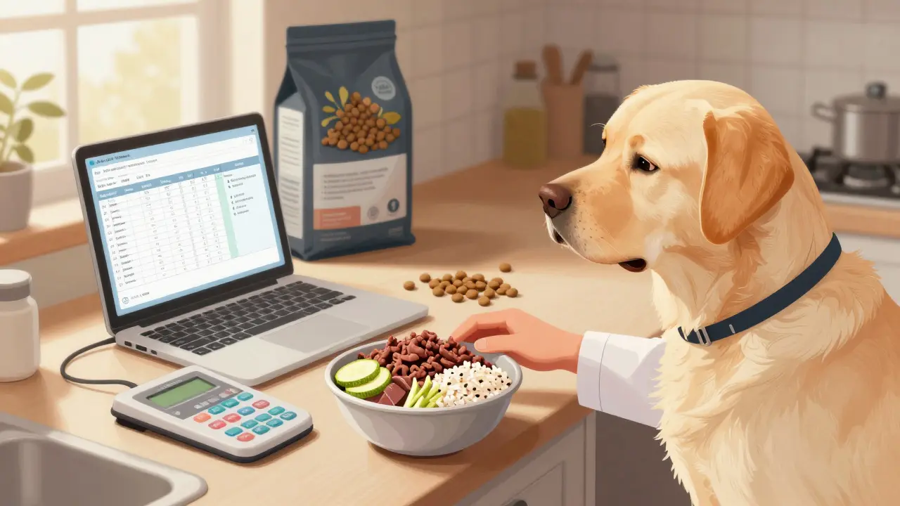 Ветеринар готовит сбалансированный рацион для собаки на кухне утром.