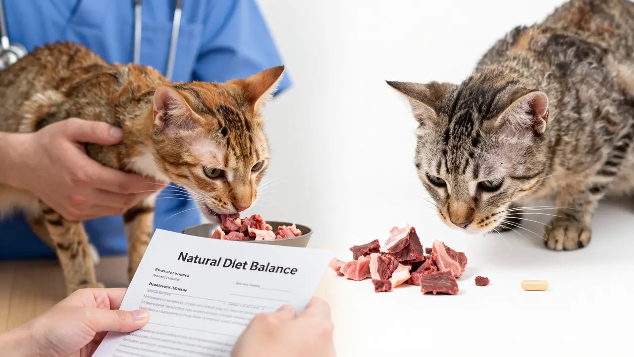 Ветеринар осматривает кошку, на фоне — два сценария питания: сбалансированный и опасно несбалансированный.