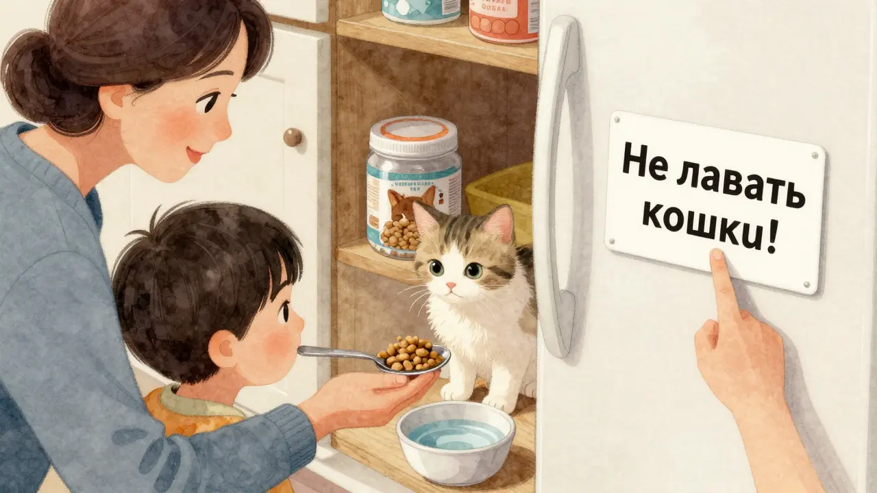 Бабушка кормит котёнка с человеческого стола, ребёнок указывает на предупреждающую надпись.