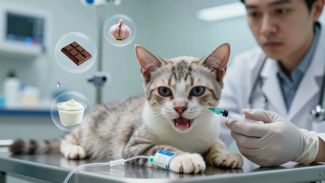 Больной котёнок на ветеринарном столе с капельницей, вокруг — символы ядов.