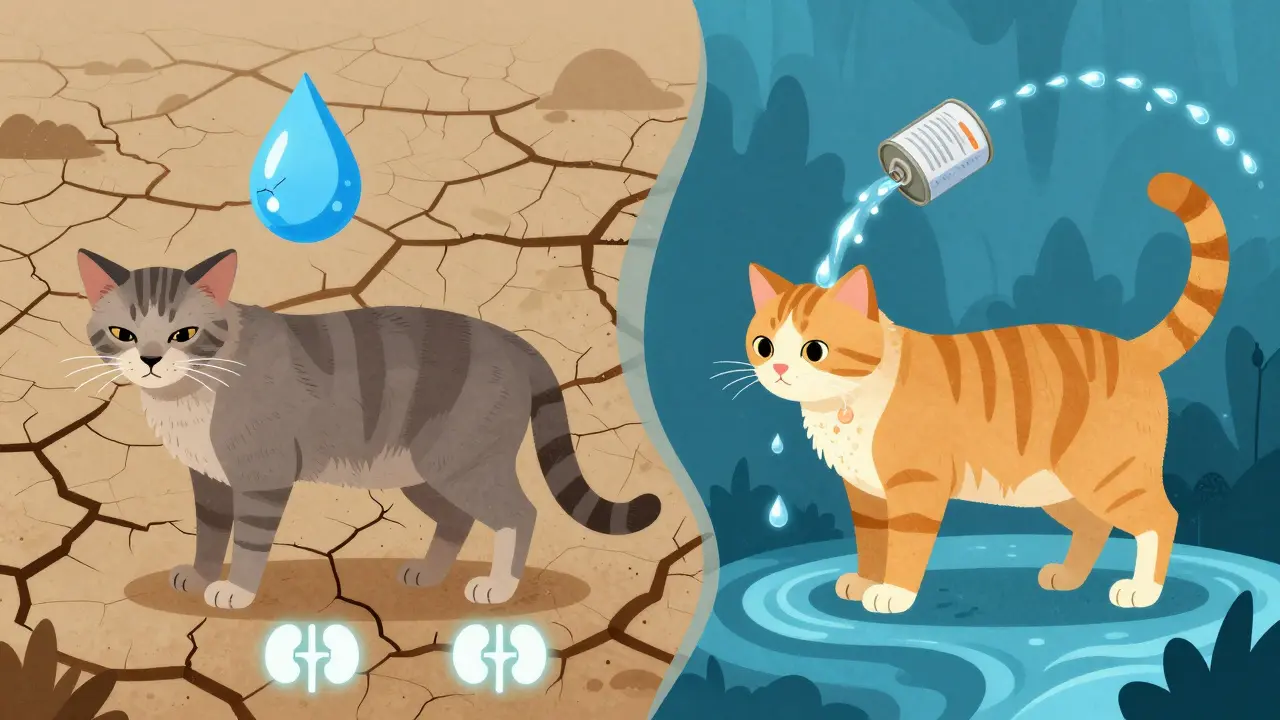 Два кота: один обезвоженный и бледный, другой здоровый и активный, с визуализацией водного потока в организме.