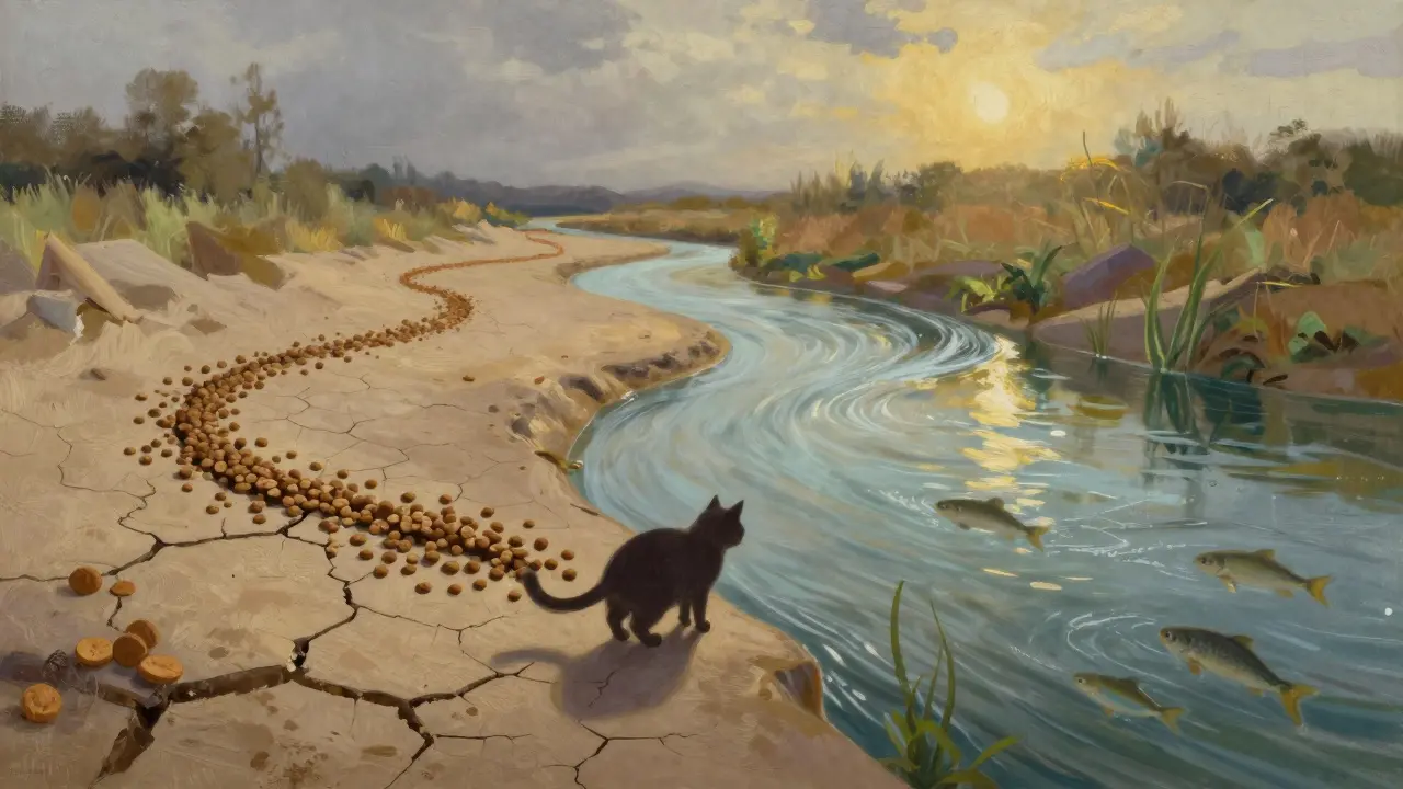 Карта внутренних органов кошки в виде реки: сухое русло против живого водотока, символизирующий влияние сухого и влажного корма.