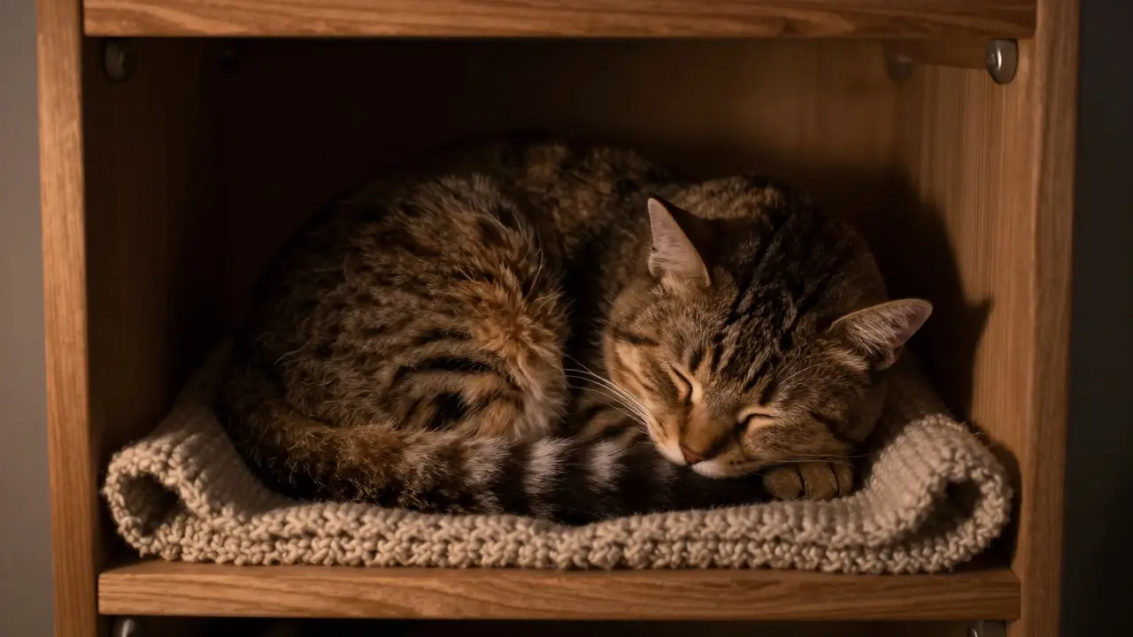 Кошка глубоко спит в уютном укрытии на полке.