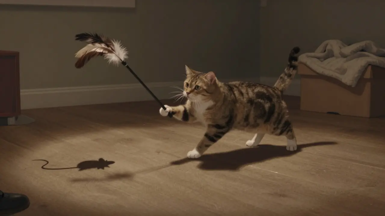 Кошка охотится за перышком на палочке в имитации охоты.