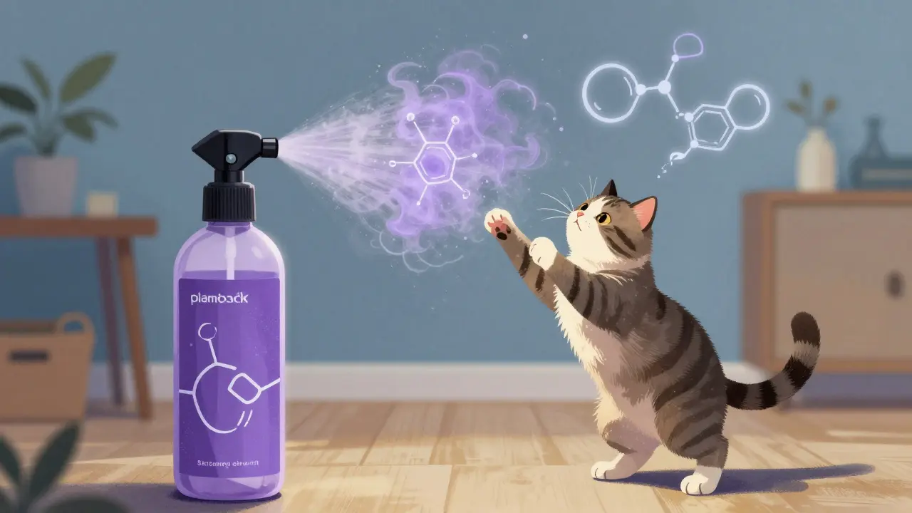Кошка отпрыгивает от ароматического спрея, как от химической угрозы.