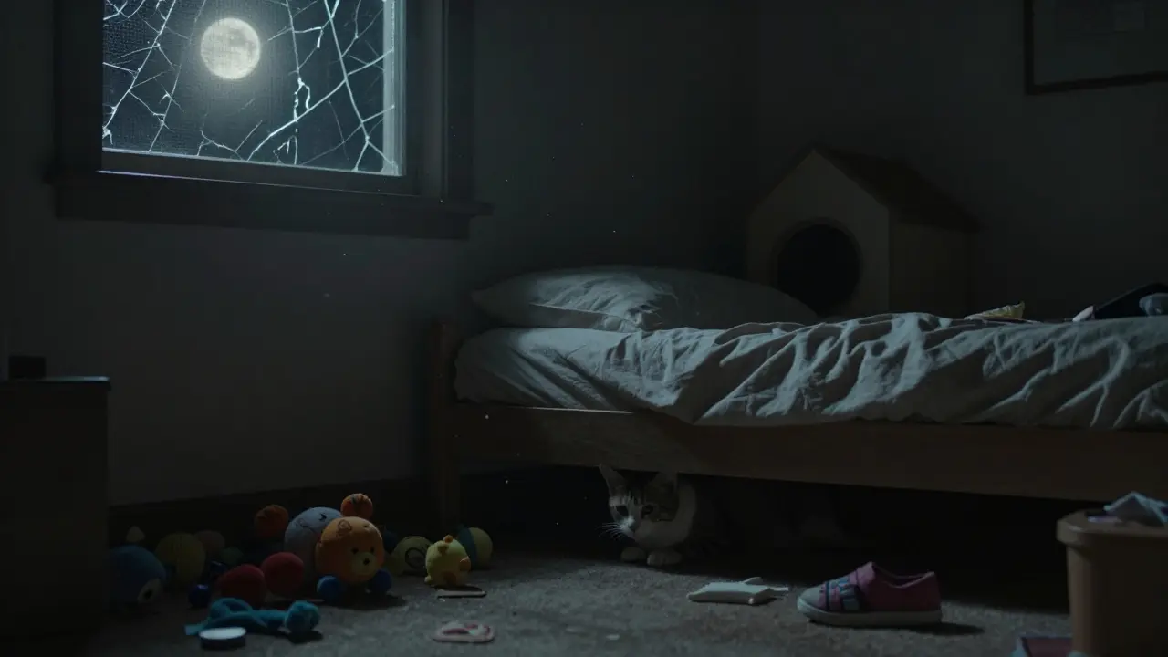 Кошка прячется под кроватью, чувствуя угрозу от ребенка и открытого окна.