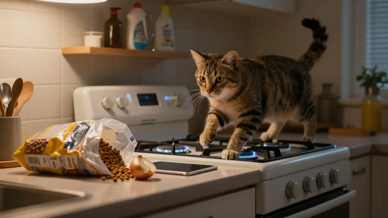Кошка прыгает к кухонной стойке, где рядом лежат опасные предметы.