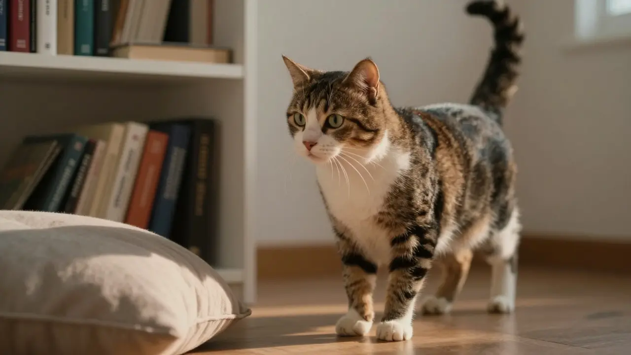 Кошка теряется в комнате после перестановки мебели.