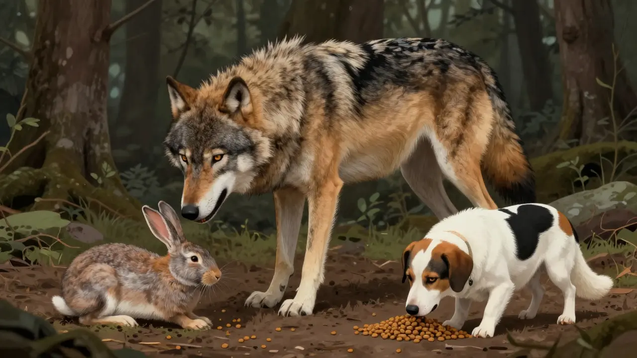 Волк в дикой природе ест добычу без разнообразия, как современные собаки.