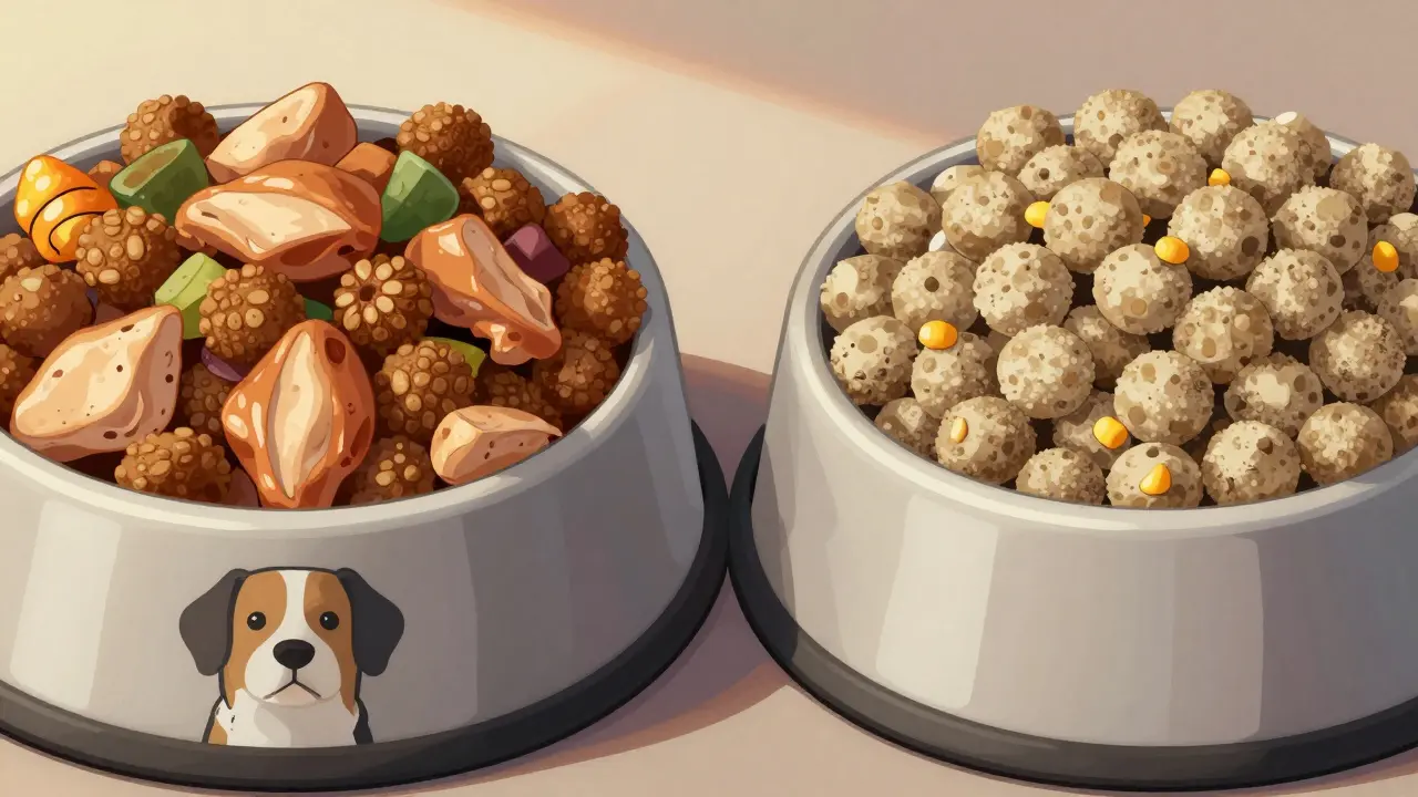 Две миски с кормом: одна с курицей и овощами, другая с кукурузой — рядом здоровая собака с блестящей шерстью.