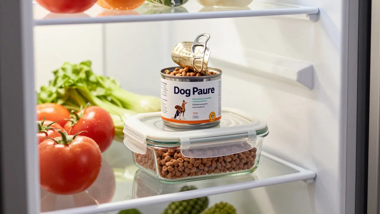 Контейнер с кормом хранится в холодильнике