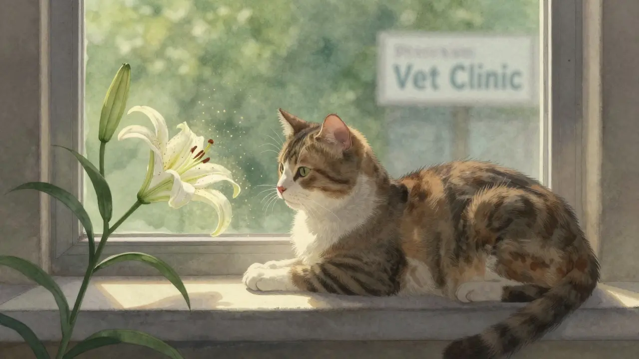 Кошка на подоконнике рядом с лилией, пыльца светится в солнечном луче.