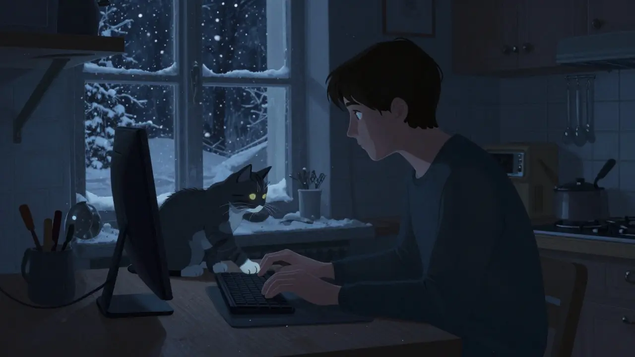 Кошка прыгает на клавиатуру, человек работает за столом, за окном — снегопад.