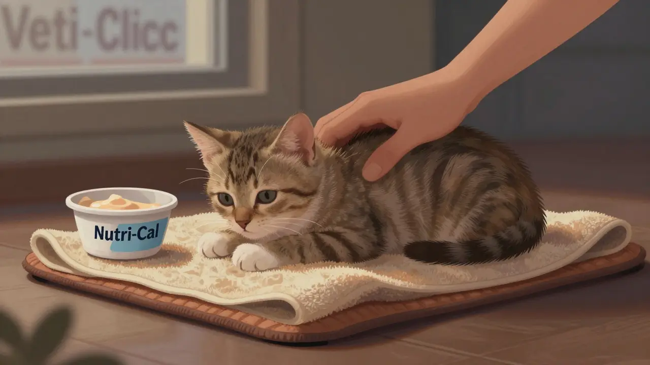 Котёнок на тёплой грелке, рядом — высококалорийная паста Nutri-Cal.