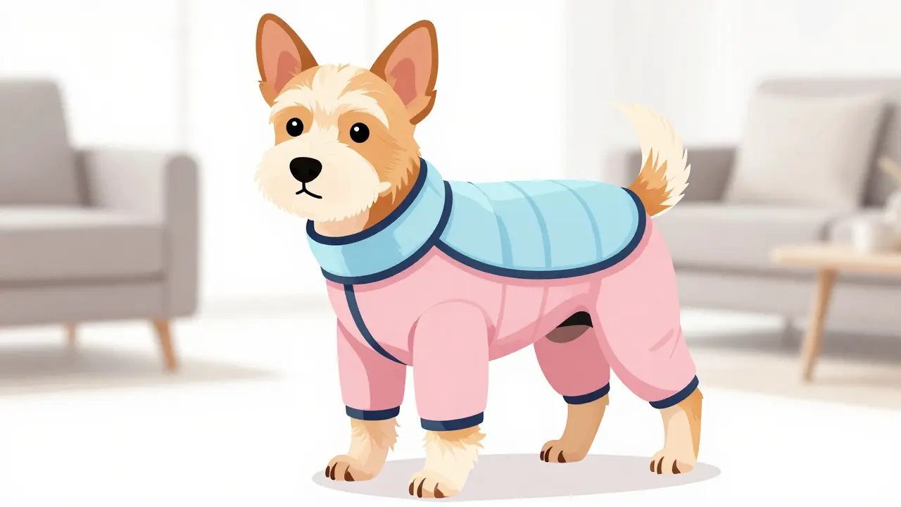 Маленькая собака в специальных штанишках для гигиены дома