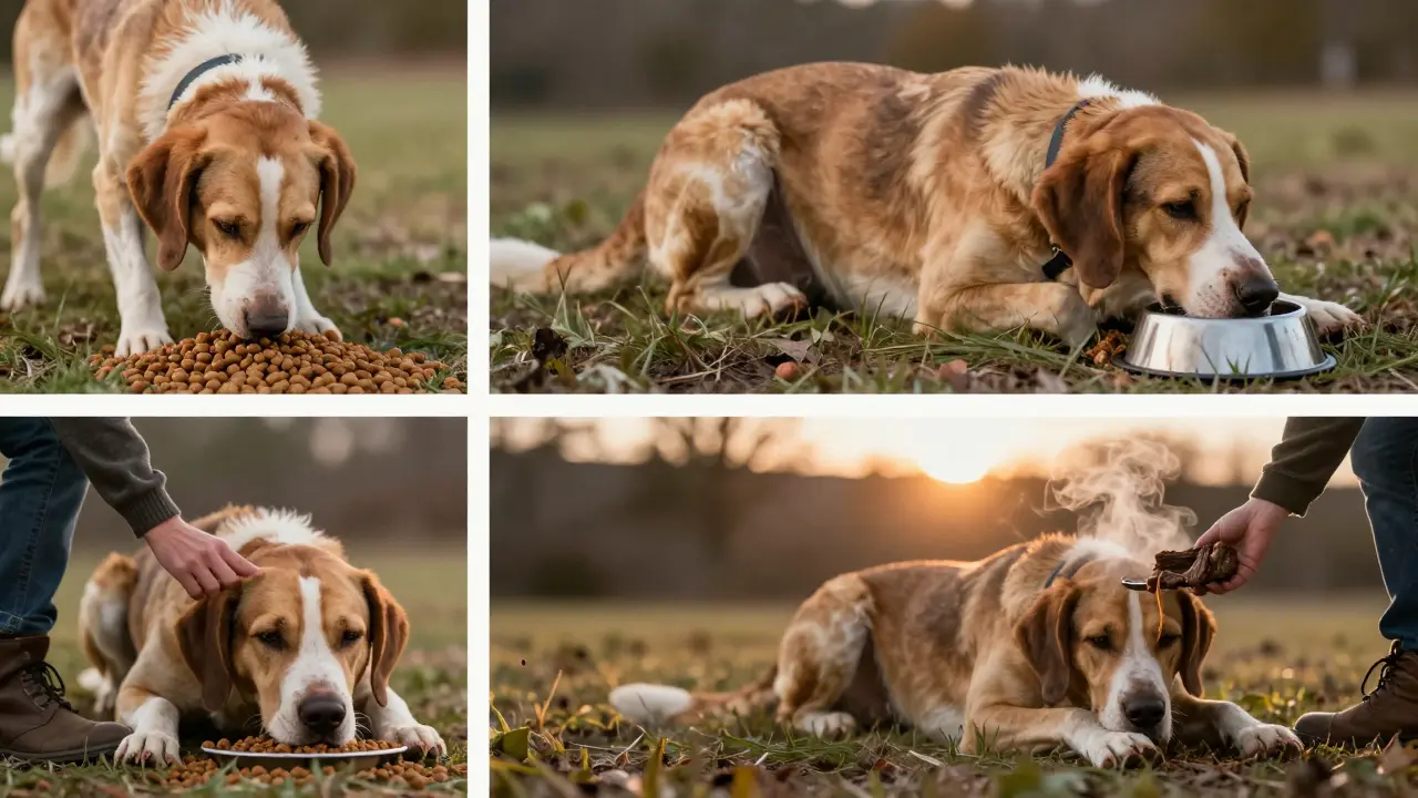 Охотничья собака в течение дня: утром ест корм, днём отдыхает с водой, вечером получает тёплую пищу после охоты.