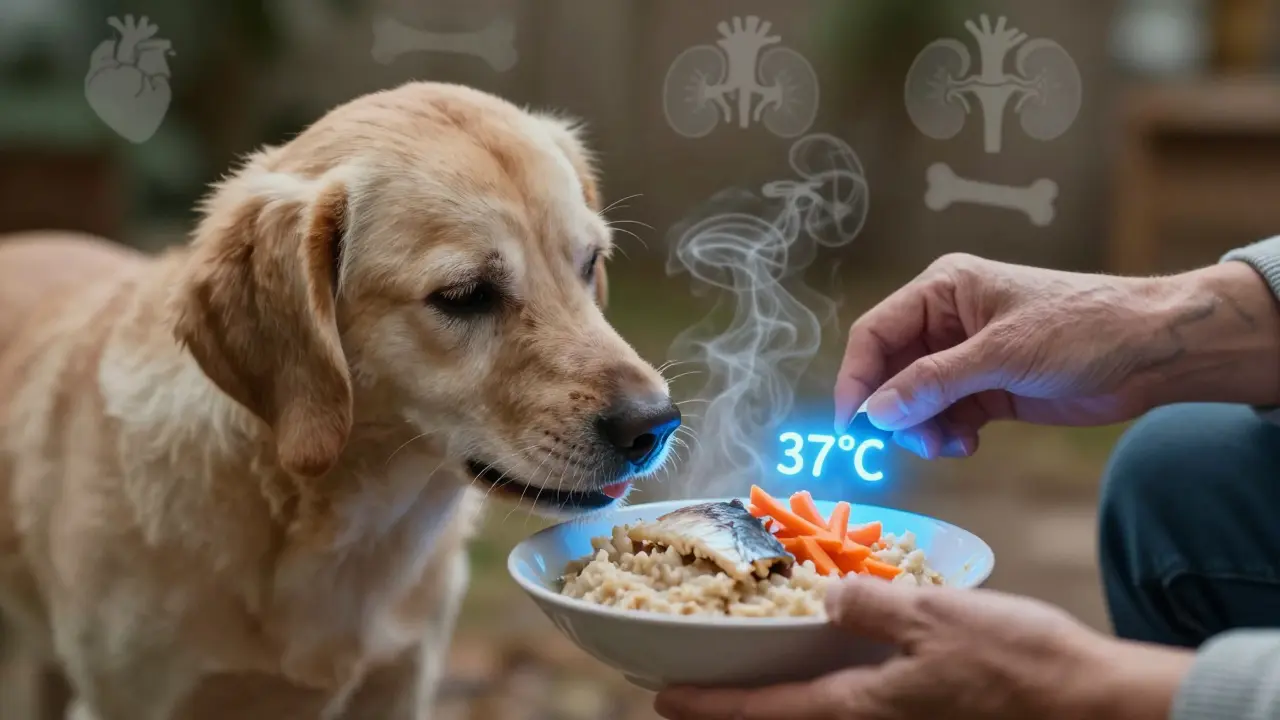 Пожилая собака ест тёплую еду, подогретую до 37°C, с рыбой и овсянкой, в спокойной обстановке.