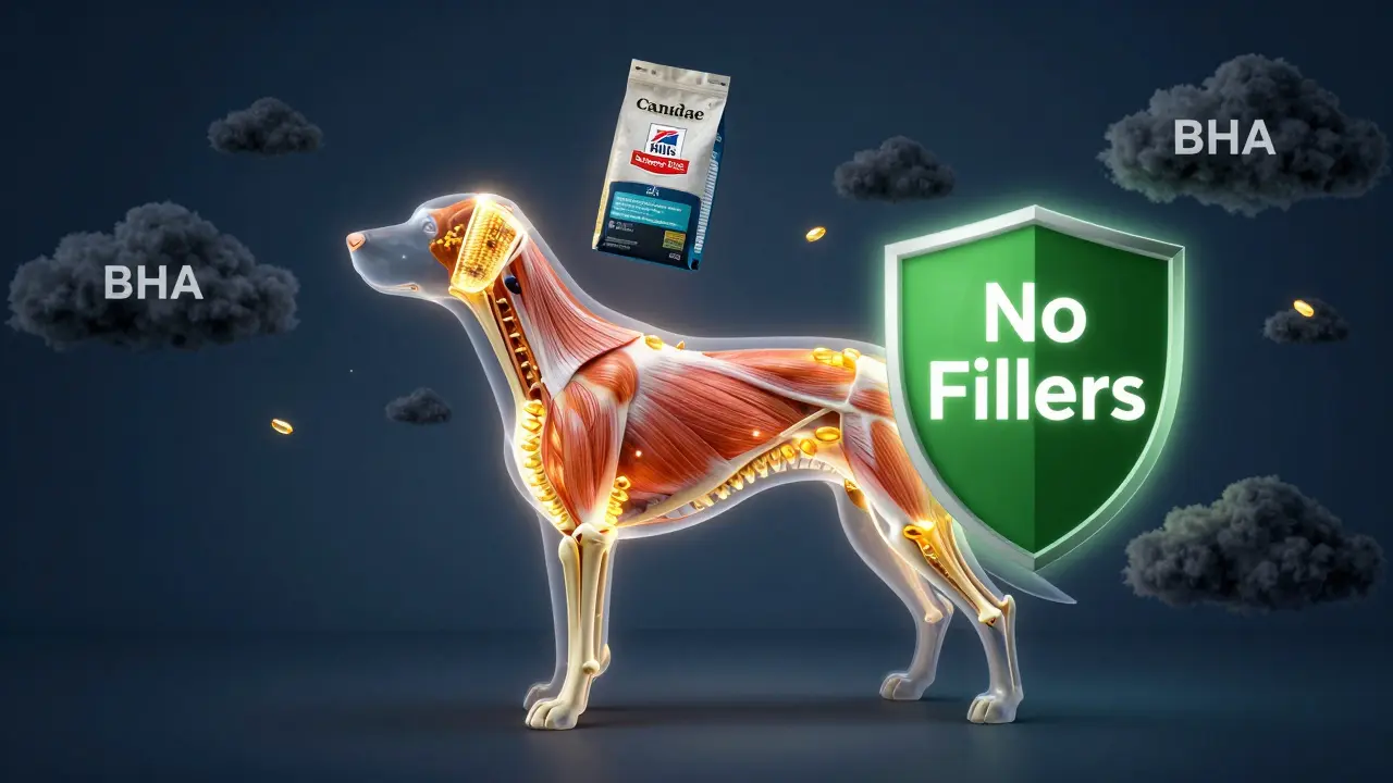 Прозрачный силуэт собаки с внутренними питательными элементами, над ней — упаковка качественного корма, вокруг — тёмные вредные добавки.